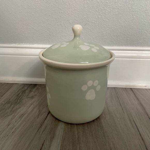 Ceramic lidded dog treat Jar. Sea foam green with white paws. - Picture 1 of 6
